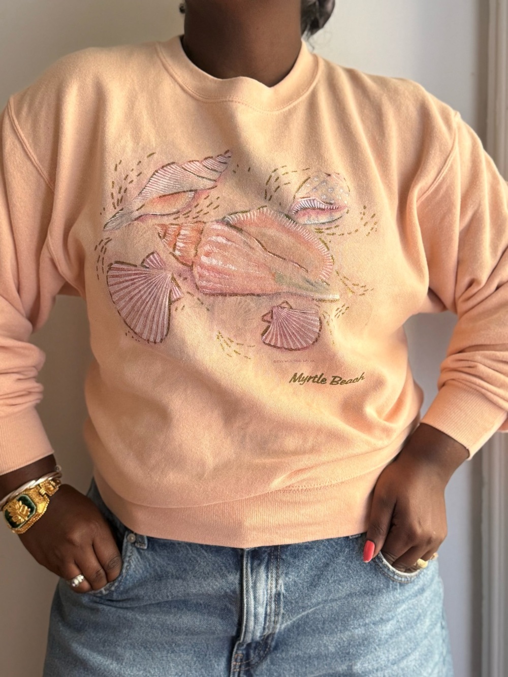 Vintage 80s Myrtle Beach Seashell Sweatshirt Pink Coastal Beachcore Pullover